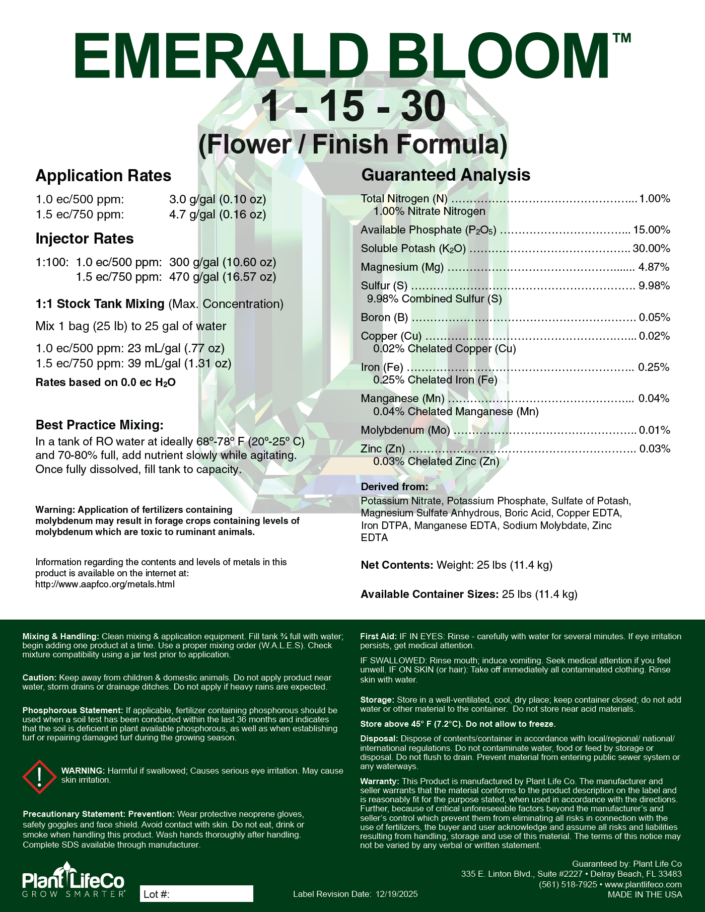 Emerald Bloom 1-15-30 Flower/Finish